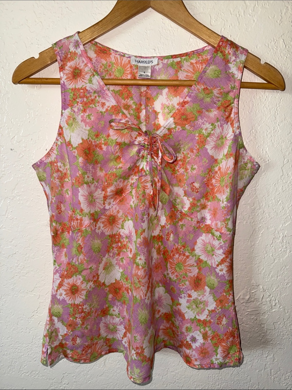 Vtg 90s HAROLD'S Linen Tank Top V-Neck Tie Front Pink Floral Cottagecore Sz 6 M